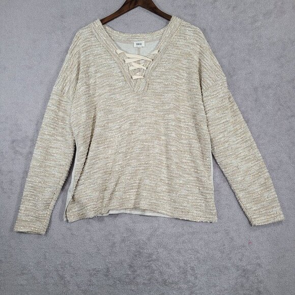 BKE Womens Beige Tweed Knit Sweater With Lace-Up V-Neck  L - Picture 1 of 7